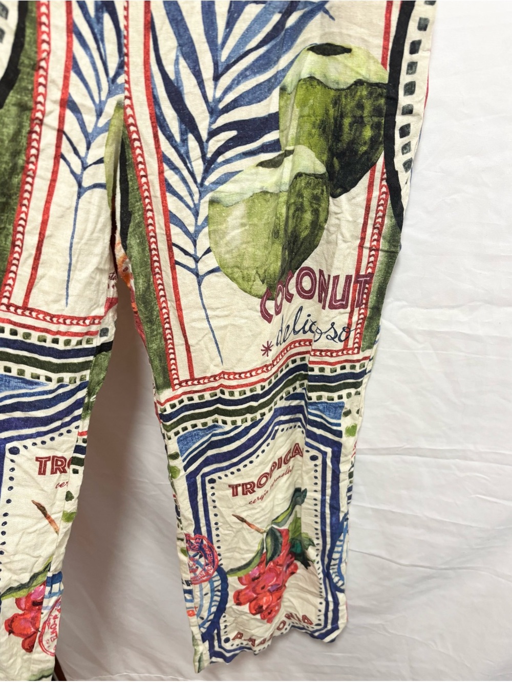 Rachel Zoe Cream Tropical Fruit Print Wide Leg linen Pants - Picture 3 of 9